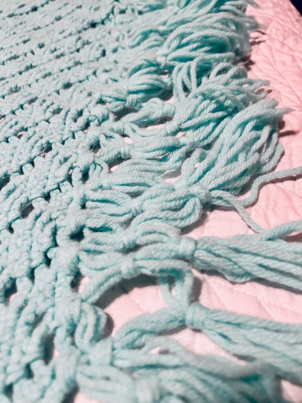 Handmade Teal Crochet Throw Blanket Afghan with Fringe - Picture 5 of 5